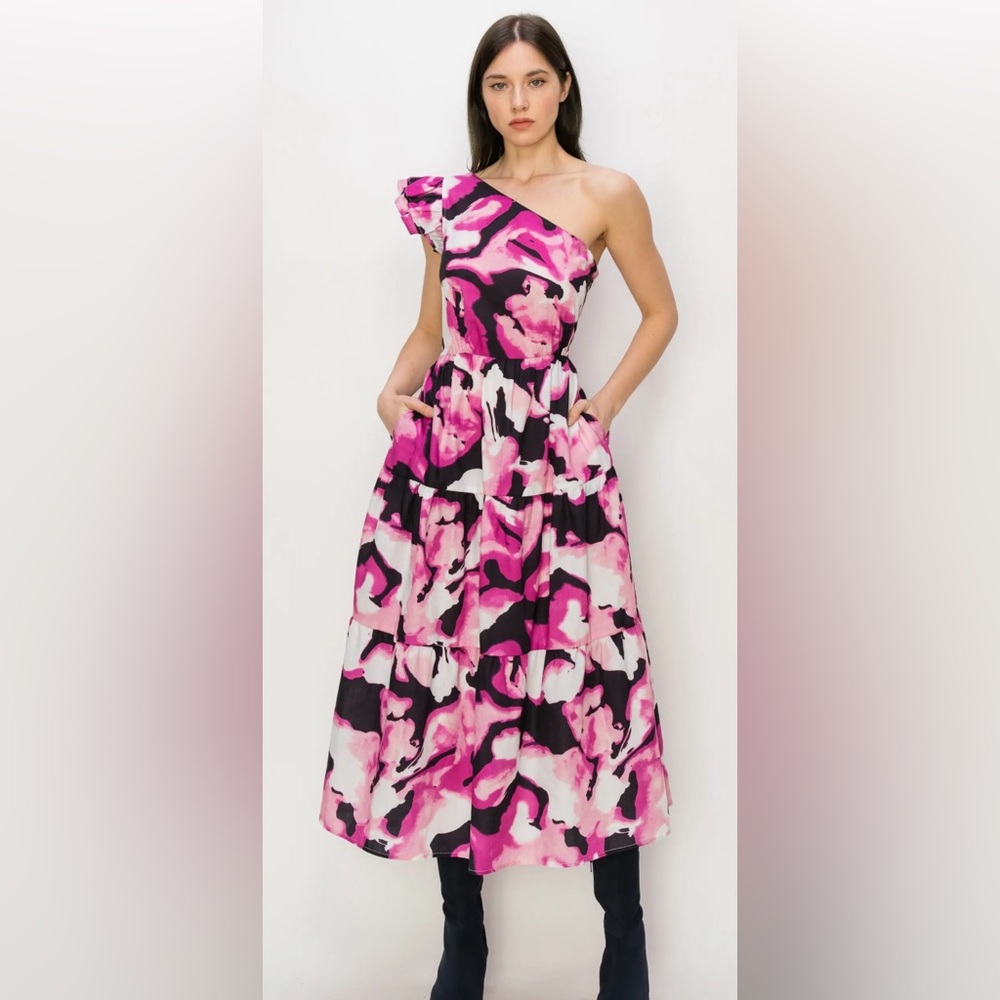 MELLODAY Pink and Black One-Shoulder Midi Dress